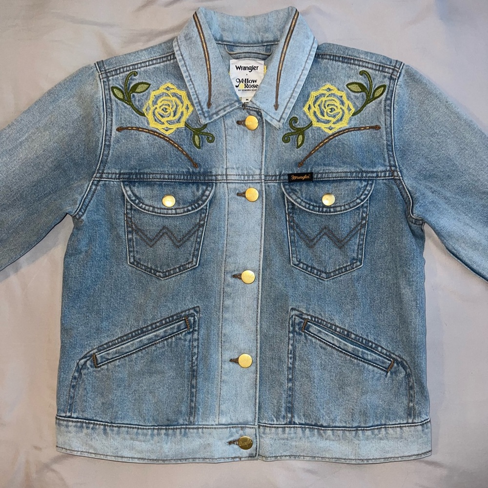 Wrangler Blue Denim Jacket by Kendra Scott with Yellow Rose Embroidery Design